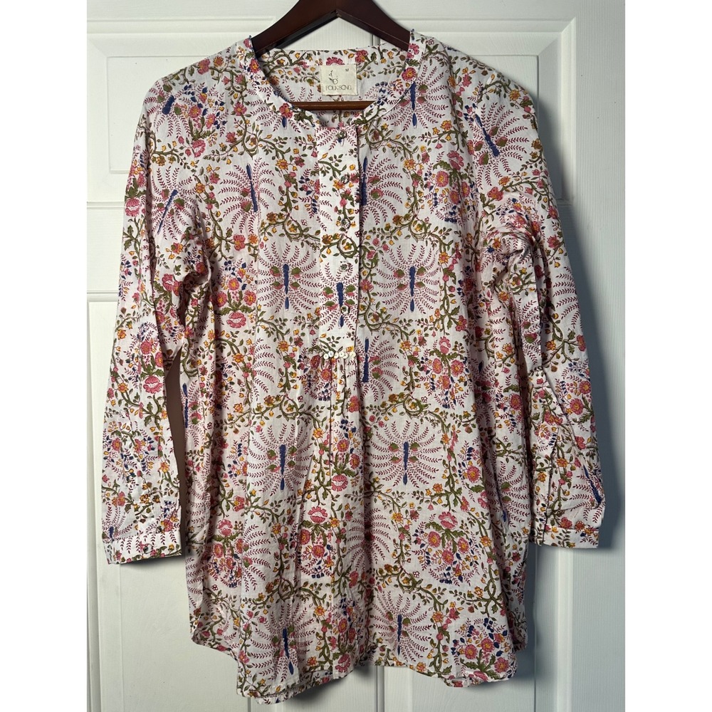 FOLKSONG Women M Boho Floral Print Tunic Top‎ Long Sleeve Beaded Hippie Blouse